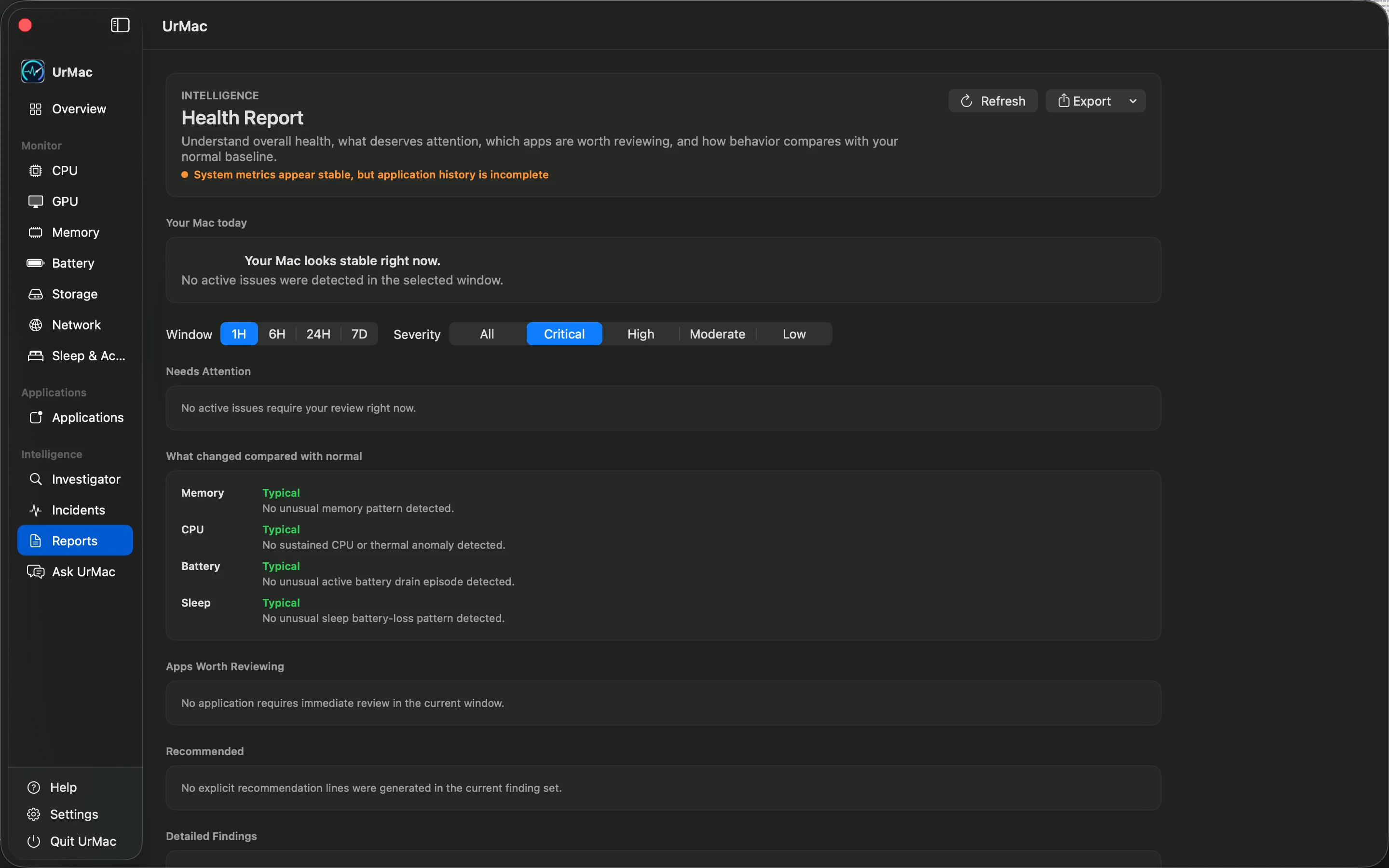 UrMac Reports with findings and incidents for a selected period
