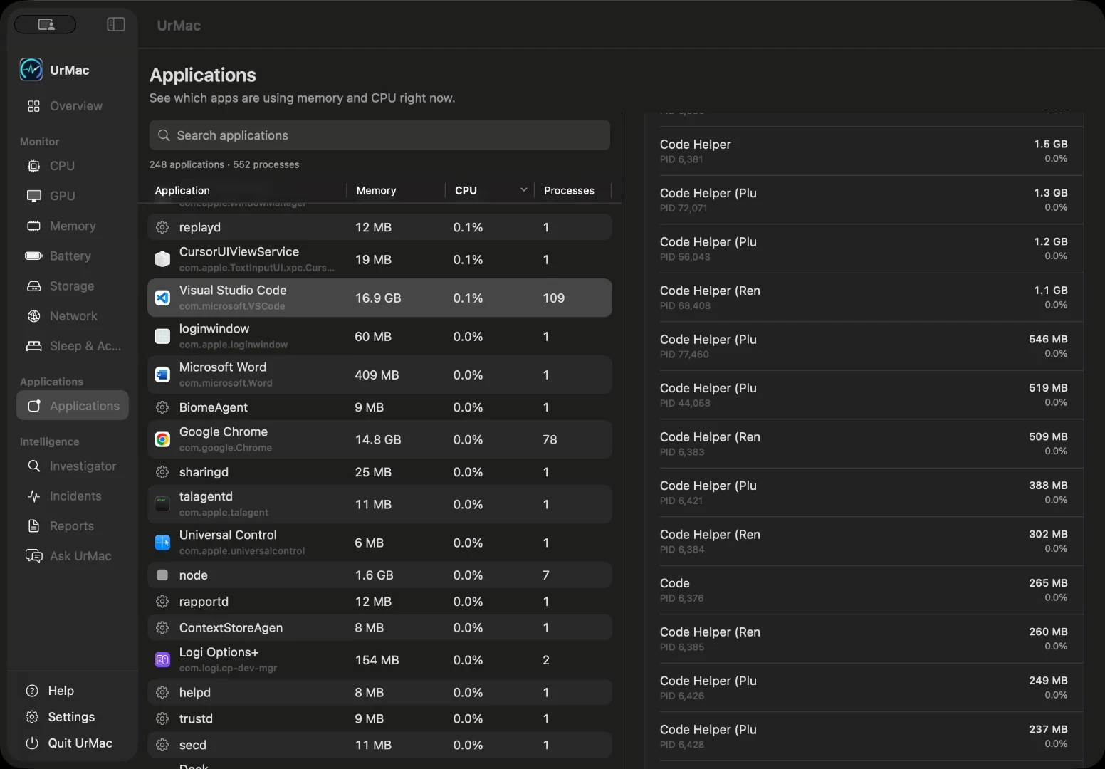 Screen recording of UrMac Applications being sorted by resource use and an application's processes inspected