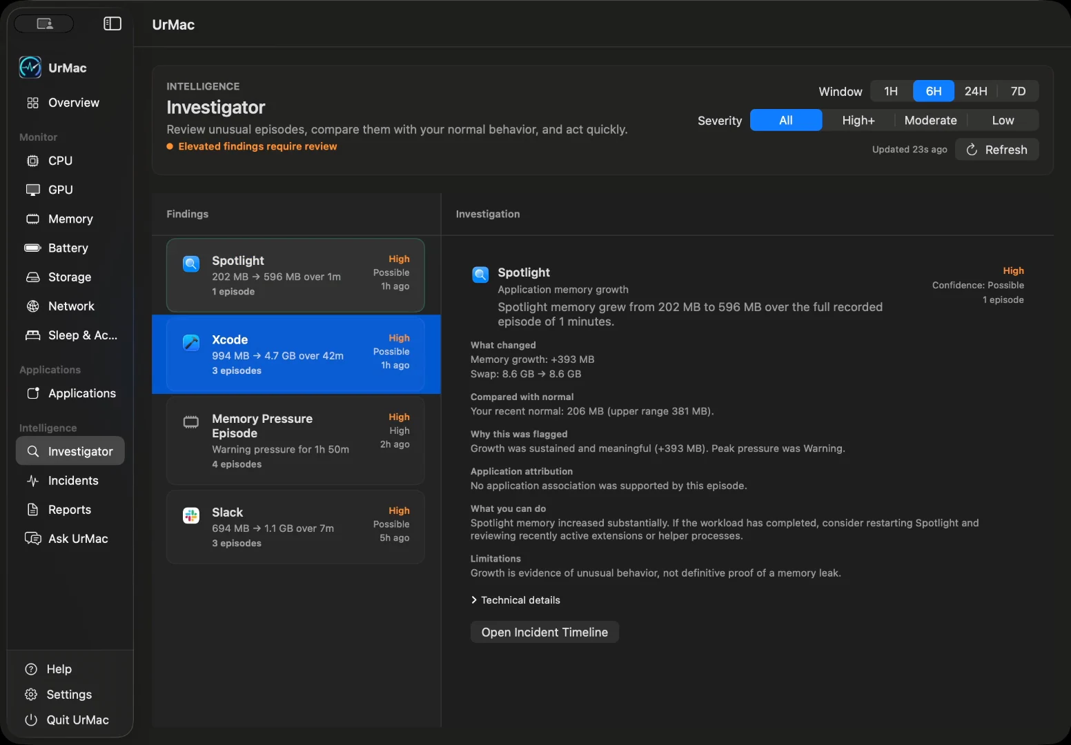 UrMac Investigator with recorded findings, baselines, and associated activity